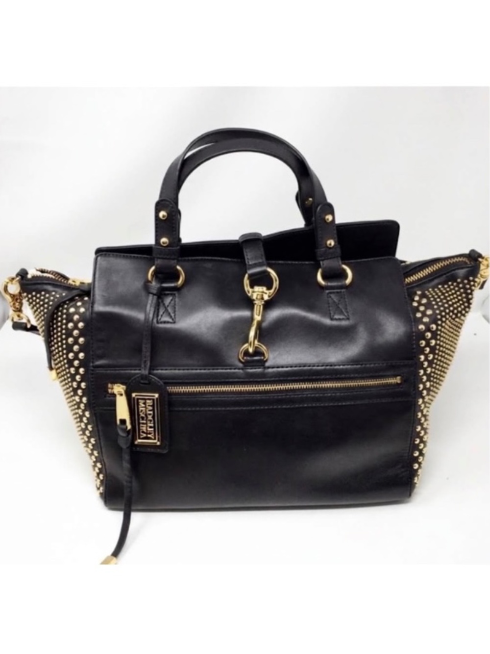 Badgley Mischka Black Leather Studded Satchel Crossbody – Celine Phantom Style